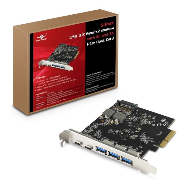Vantec UGT-PC3A2C 5-Port USB PCIe Card - 2×USB-C, 3×USB-A, 20Gbps