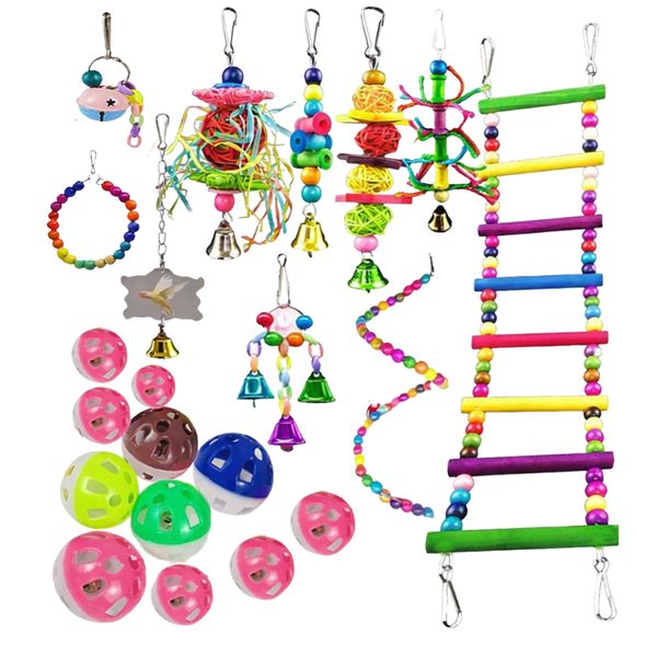 21Piece Bird Toys Set Parakeet Cage Toys Parrot Swing Chewing Hanging Bell