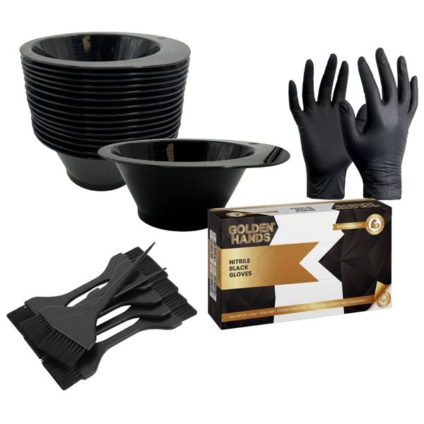 10 Tint Bowls(310ml), 10 Tint Brushes(60mm) &amp; Black Nitrile Gloves (Small)