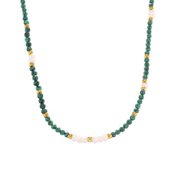 Malachite &amp; Pearl Beaded Necklace - Hand-strung Boho Choker