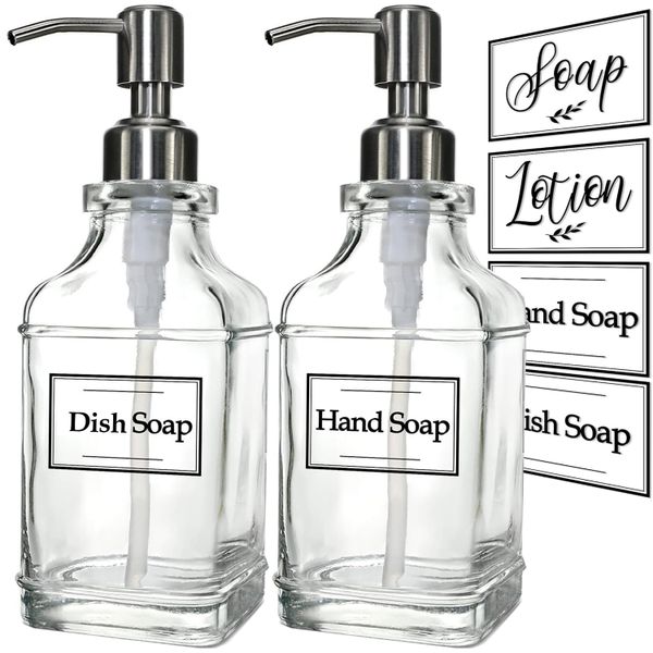 2 Pack Glass Soap Dispenser Clear Antique Design Silver Steel Pump &amp; Labels