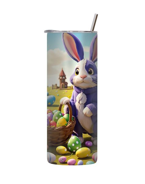Blue Rabbit 20 Oz Tumbler with Lid Straw Trendy Easter Bunny Egg Graphic181