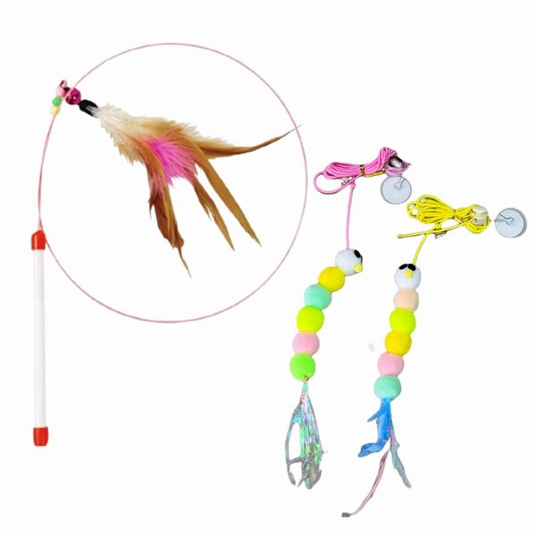 3 Piece Interactive Cat Toys Feathered Teasing Stick And Hanging Door Toys