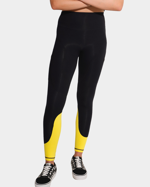 Just Breethe Ladies Premium Cotton Leggings Longer Length Black &amp; Yellow