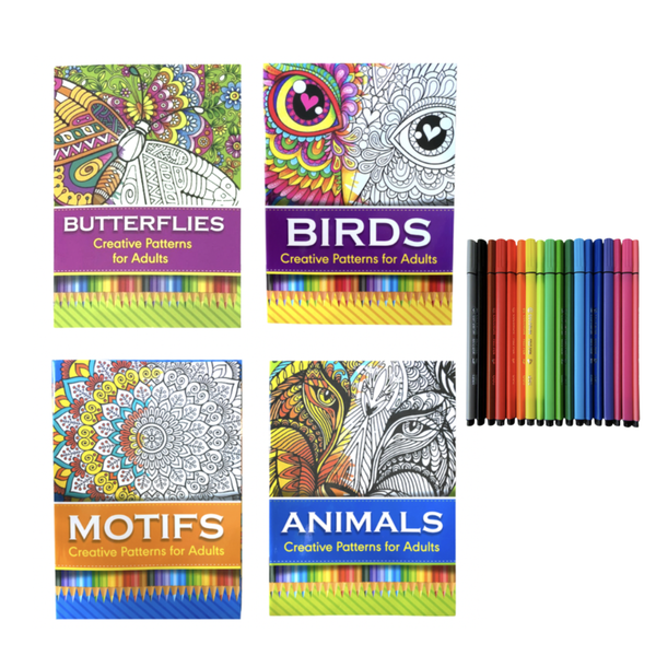 4 Pack Adult Colouring Books With 24 Felt Tip Colouring Pens