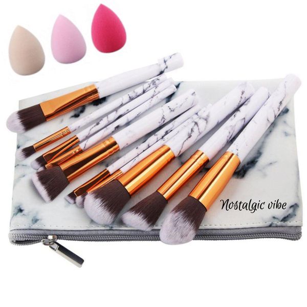 10 Piece Marble Makeup Brush Set with Makeup Bag and 3 Beauty blenders