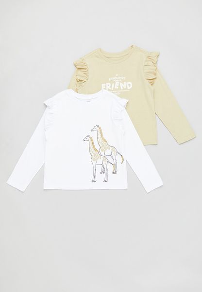 Younger Girls 2 Pack Graphic Long Sleeve Tees - White/Stone