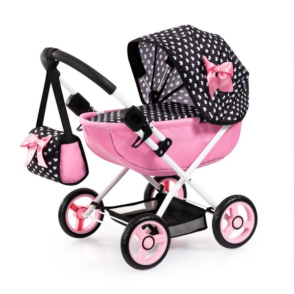 Bayer Cosy Dolls Toy Pram - Black/Pink- Hearts 58cm Tall