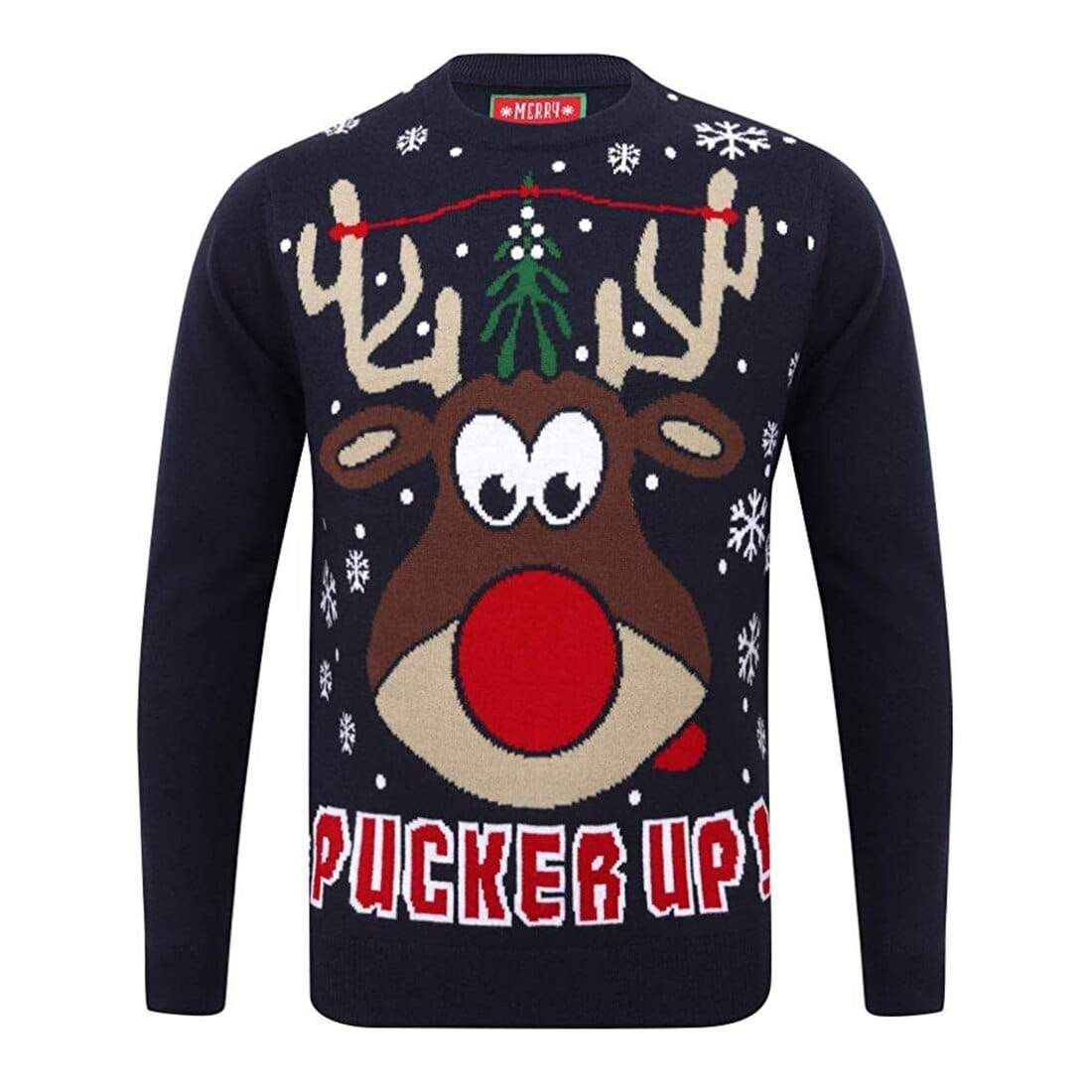 Mens Novelty Christmas Jumper Pucker Up Mistletoe Reindeer Shop Today