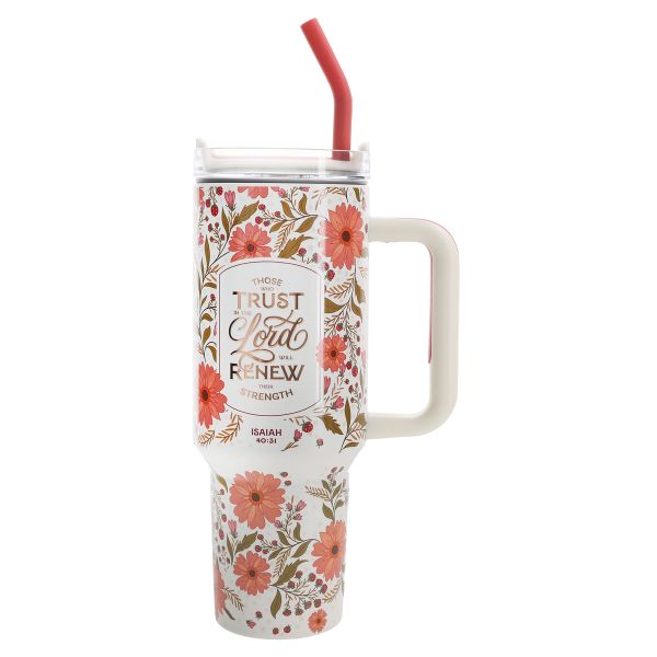 Large Travel Mug with Handle and Straw - Those Who Trust in the Lord, Coral