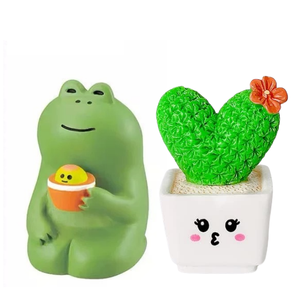 Gifts: Mini Frog and Love Heart Cactus Ornament Home Study Decoration-2pcs
