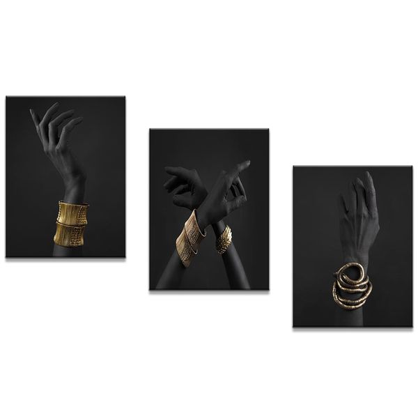 Canvas-Art-3 Pieces Black African Lady Old Gold Jewelery Abstract Wall Art