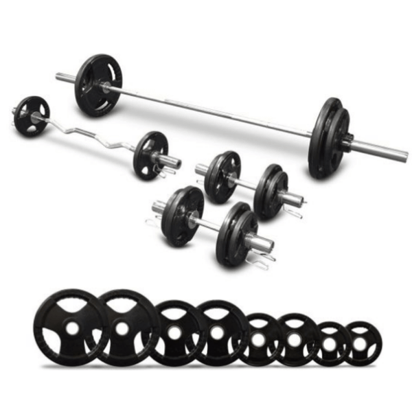 Olympic Barbell + Ez Curl Bar + Adjustable Dumbbells + Weights