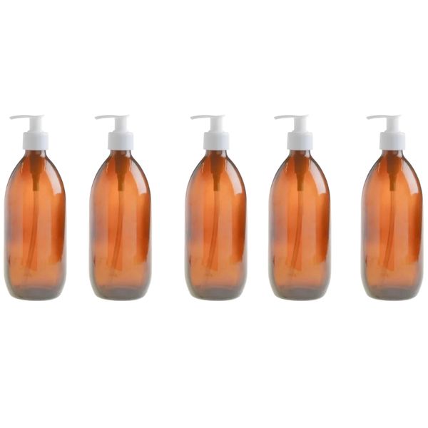 5 Pack 500ml Amber Bottles with White Lotion Pump