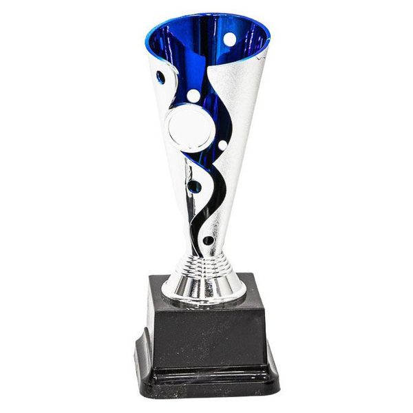 Conical Silver &amp; Blue Small 18cm Awards Trophy on Black Base
