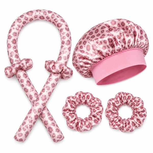 Heatless Curling Set with Satin Sleep Bonnet And Scrunchies - Pink Leopard