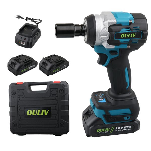 OULIV 20V 600N.m Cordless Impact Wrench Kit with Light,Include 2 Batteries