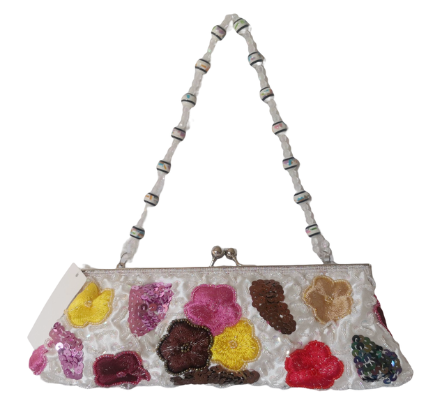 Lavanda Beads Floral Clutch Evening BagwWith Beads Handle - White Floral