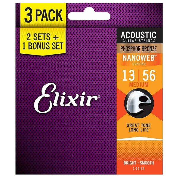 Elixir 16546 Acoustic Medium Phosphor Bronze Nanoweb 0.13-0.56 3-Pack