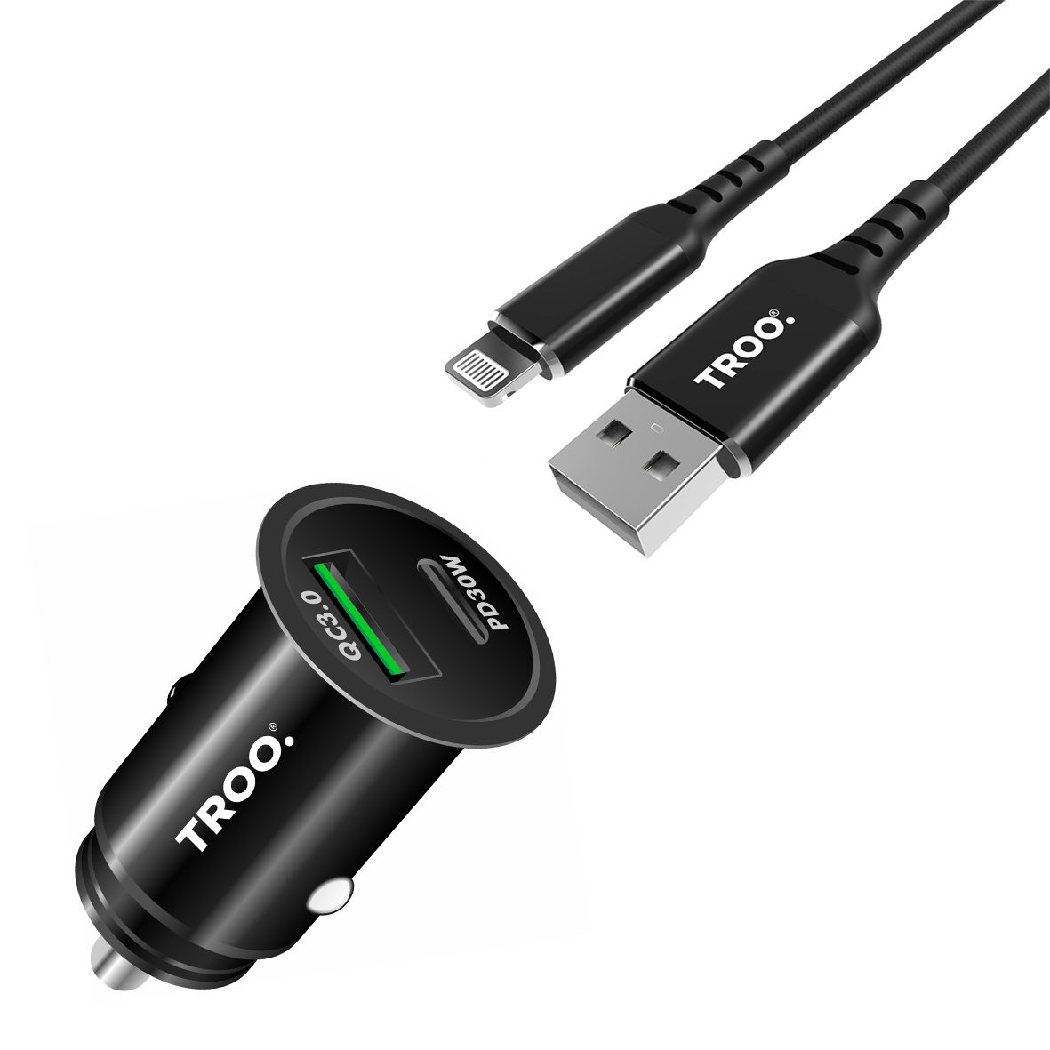 TROO Certified PD 48W Fast Car Charge & USB To Lightning MFI Braided