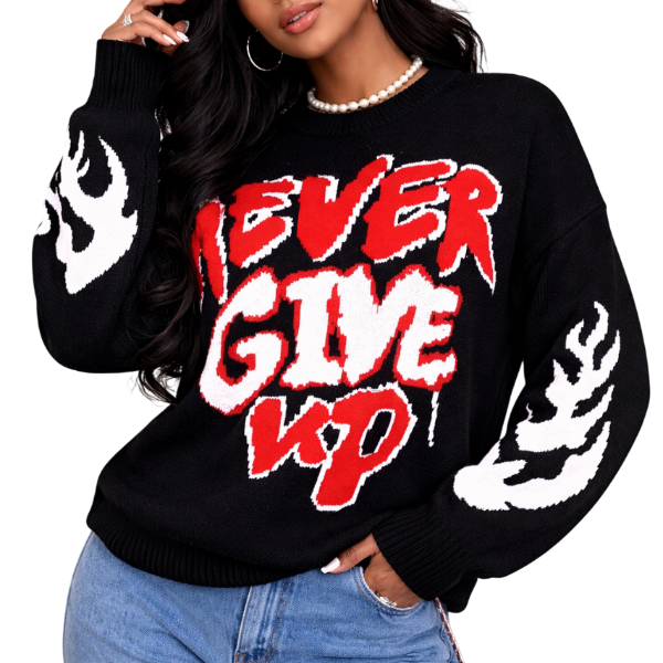 Ladies "Never Give Up" Graphic Knit Sweater Beige