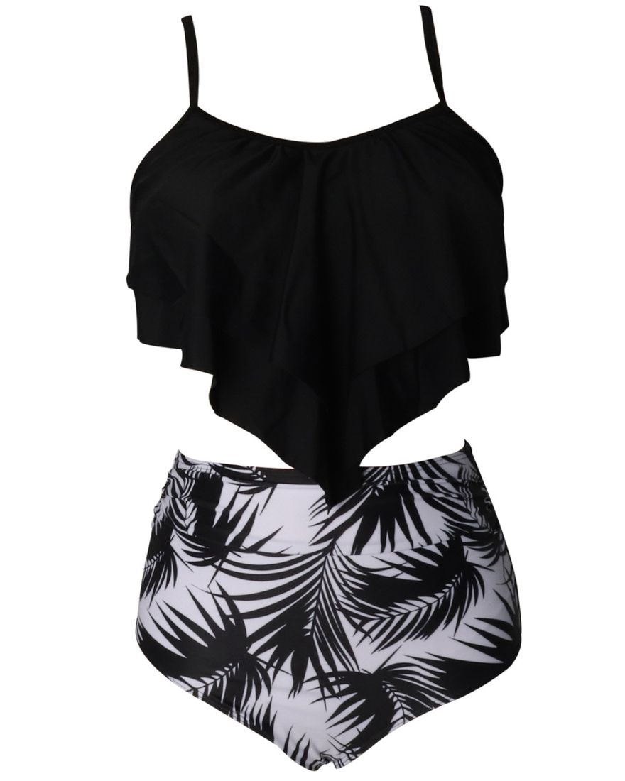 Olive Tree - Ladies Ruffled Flounce Leafy Bikini Swimsuit - Black ...