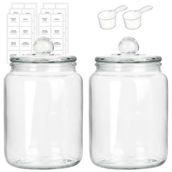 2 Pack Glass Jars For Laundry Room Organisation With Lid &amp; Labels-2Liter