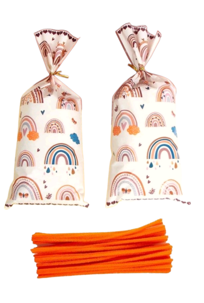 White Rainbow Party Favor Bags With Twist Tie And Chenille Stems -Set of 25