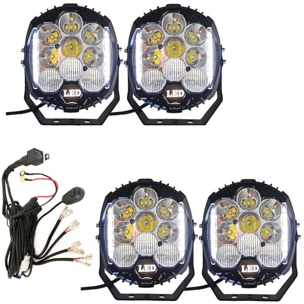 Upgraded 4x4 Spotlights 7" 10000lm Ultra Bright 75W LED x4 +4Terminal Relay
