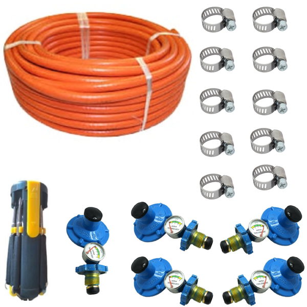 Gas Hose LPG 8mmx30m SABS Approved &amp; 5 Regulators With Screwdriver Set
