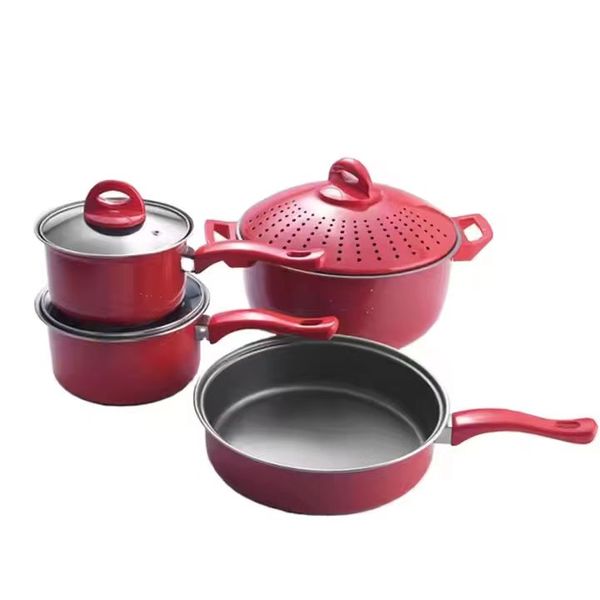 Red Non-Stick Coated Carbon Steel Pot Set Dutch Oven Frying Pan 7-Piece Set