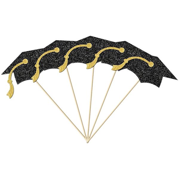 24 Piece Graduation Cap Cupcake Topper Set - Black &amp; Gold Glitter