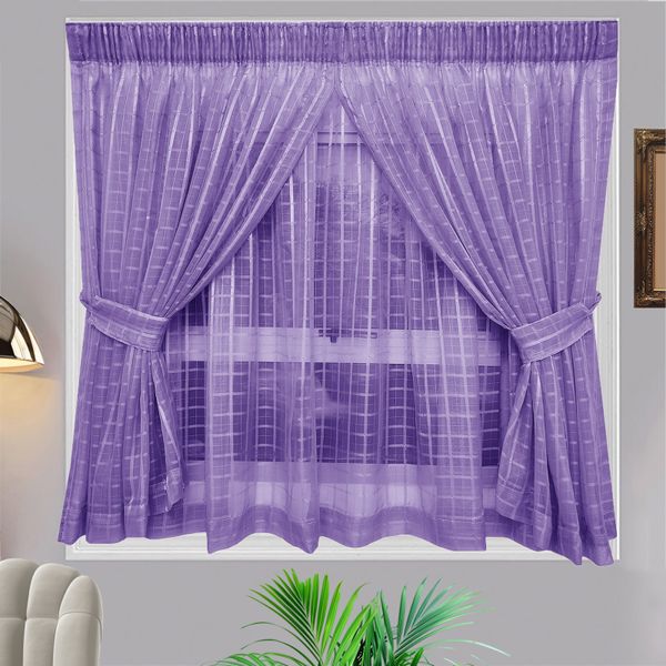Matoc Designs Café Curtain - Double Layer - Grid Voile Cerise Pink - Taped
