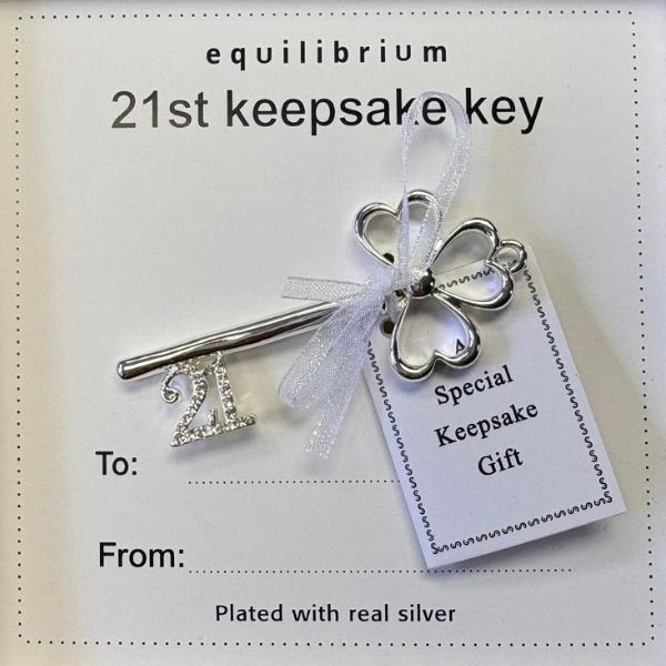 Equilibrium 21st Keepsake Silver Plated 6cm Key Diamante with Hearts