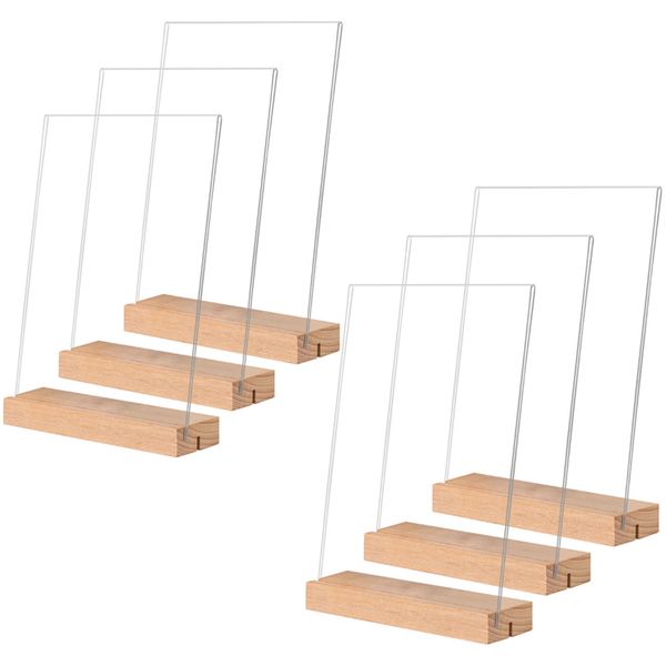 6PCS Acrylic Sign Holder Meau Stand Wood Base Shape Vertical Slant Display