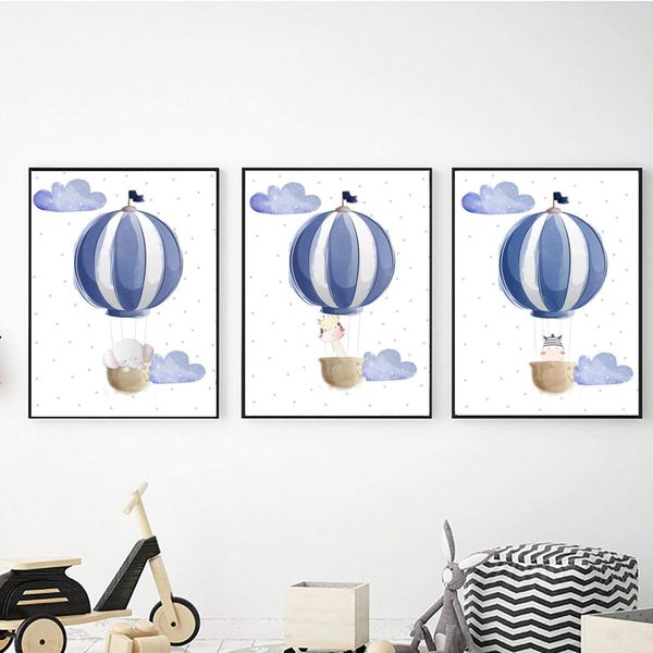 Blue Air Balloon Happiness - A3 Canvas -Set Of 3
