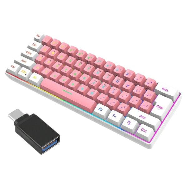 HXSJ - Wired RGB Backlit Keyboard &amp; Mouse Set With OTG Adapter - Pink/White