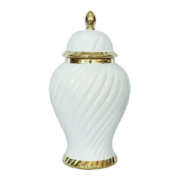 Mento White And Gold Ribbed Ginger Jar Vase