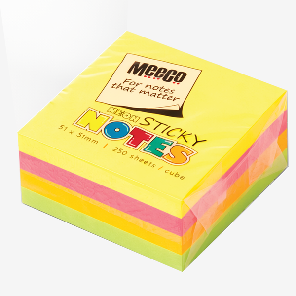 Meeco Neon Cube Mini Sticky Notes - 51mm x 51mm - 250 Sheets