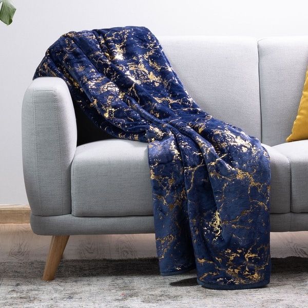 Plush Throw Navy &amp; Gold 180 x 200 cm