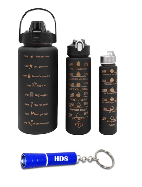 Flip Top Water Bottle with Carry Strap - 3 Pieces with HDS Torch