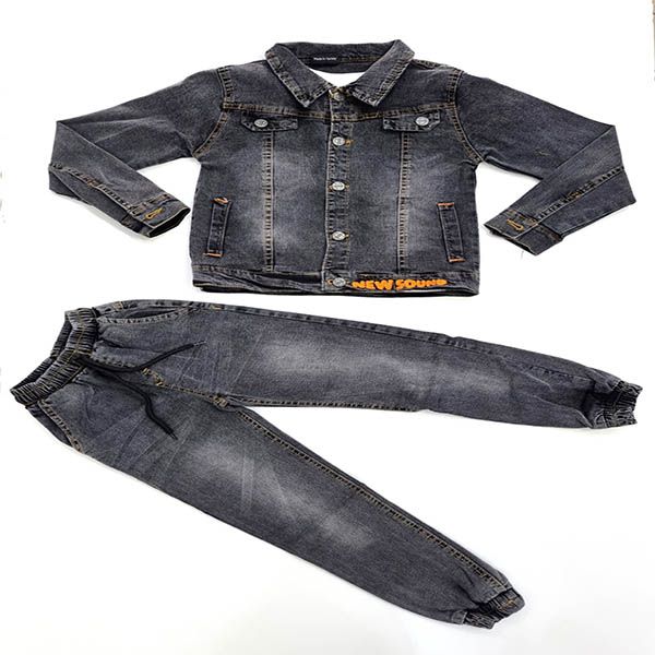 Boys Dark Grey Denim Jean Set with White Printed T-Shirt