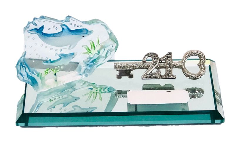 21st Key - Blue Dolphin In Glass Block On Mirror Base With Engraving Plate
