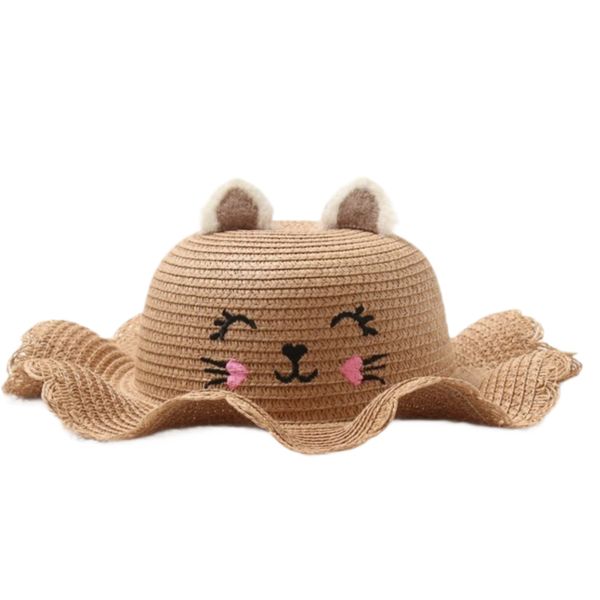 Kids Brown Straw Sun Hat with Cute Cat Design - Wide Brim Hat for Girls