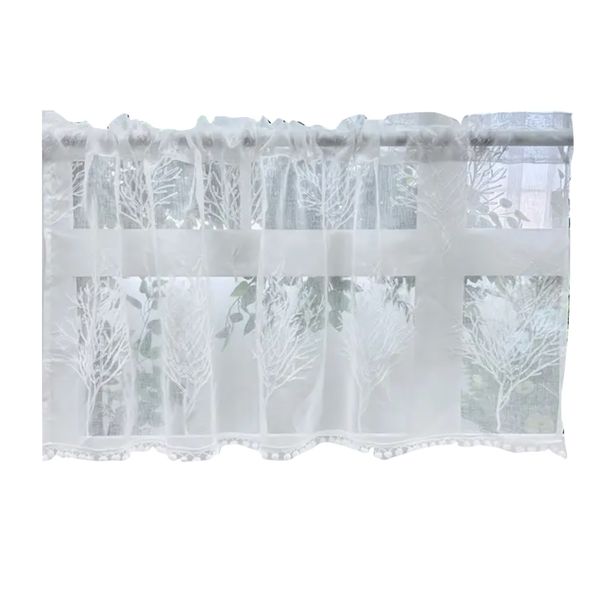 Decor Tree and Leaf Embellishment White Semi-Sheer Window Curtain