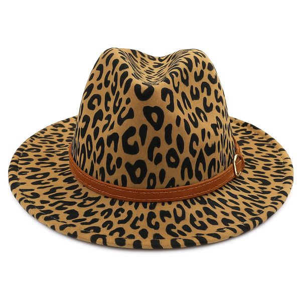 Leopard Print Wide Brim Fedora Panama Summer Hat - Beige