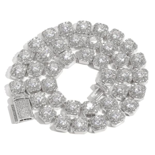 Square Cuban Chain Full Diamond Necklace Set for Women Silver Tone
