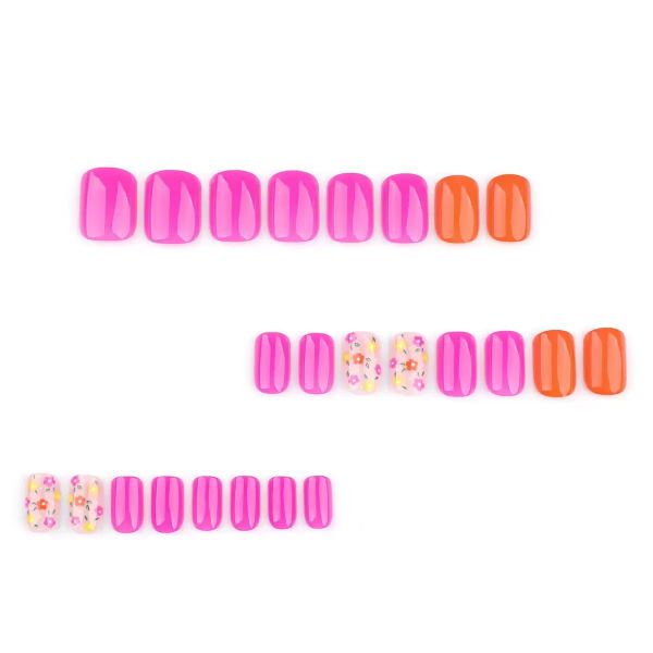 Simple Warm Toned Nail Art With Colorful Flowers, Short Square False Nails