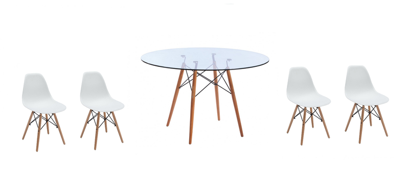 5 Piece Glass Table and White Wooden Leg Chairs