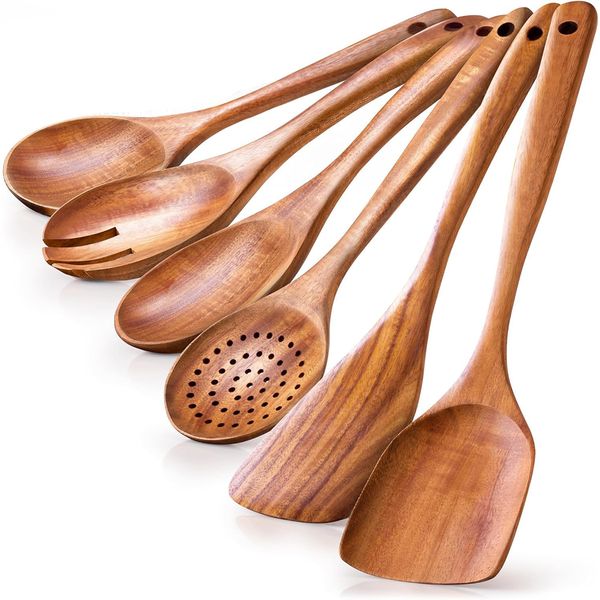6 Pieces Wooden Spoons For cooking, Heat Resistant Premium Wood Spatula